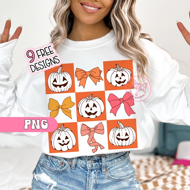 May include: White sweatshirt featuring a grid design with orange squares. The squares contain illustrations of jack-o'-lanterns and bows in various colors. The text "9 FREE DESIGNS" and "PNG" are also visible.