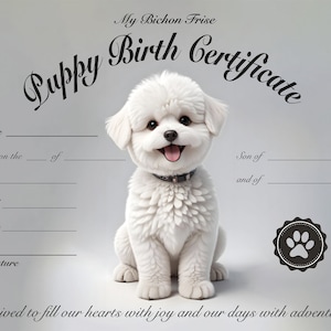 Bichon Frise Geburtsurkunde für Mädchen oder Jungen Welpen Printable und digitale Verwendung Personalisiertes Geschenk niedlichen bearbeitbaren Bichon Frise Hund Vorlage