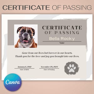 Certificado de passagem para cachorro, modelo de memorial de morte para impressão, modelo Canva, feminino, masculino, filhote, modelo personalizável, memorial para animais de estimação, moldura para fotos de patas