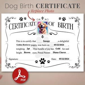 Bearbeitbare Geburtsurkunde für Hunde Druckbare und digitale Verwendung Mädchen oder Junge Welpen Geschlecht Personalisierte Vorlage Breede Instant Download home print