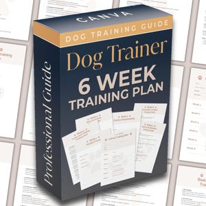 Puede incluir: Un juego de cajas azul marino titulado "Dog Trainer 6 Week Training Plan" con el logotipo de Canva. La caja contiene guías de entrenamiento y planes de práctica. Las palabras "Professional Guide" están impresas en el lateral.