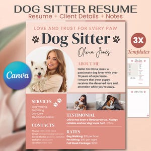 Volantino curriculum vitae Dog Sitter Modello CANVA Brochure servizi di cura professionale per animali domestici Profilo personalizzato Kit social media digitale Dog Sitter