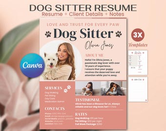 Szablon ulotki dla opiekuna psa: edytowalny profil opiekuna zwierząt (CANVA) + notatki + dane klienta