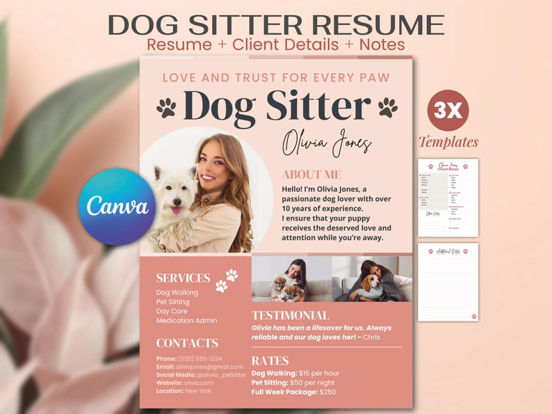 Dog Sitter Resume flyer CANVA Template editable Professional Pet Care Services Brochure Profile custom Social Media Kit digital dog sitting