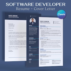 May include: A blue and white resume and cover letter template with the text "SOFTWARE DEVELOPER Resume + Cover Letter" at the top. The template is designed for a software developer named David Johnson. The resume includes sections for work experience, education, skills, and achievements. The cover letter includes a section for "About Me", "Achievements", "Links", "Languages", and "Hobbies".
