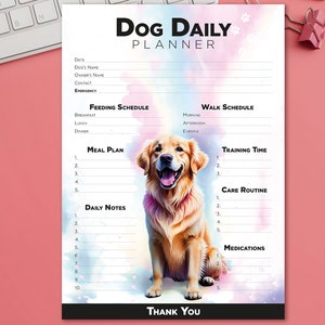 Puede incluir: Un planificador diario para perros imprimible con un fondo de acuarela y una ilustración de golden retriever. El planificador incluye secciones para el horario de alimentación, el plan de comidas, el horario de paseo, el tiempo de entrenamiento, la rutina de cuidado, las notas diarias y los medicamentos.