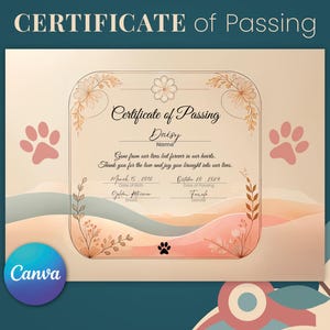 Certificado de aprovação para cachorro editável, para impressão e uso digital, modelo Canva, fêmea, macho, filhote, gênero, modelo personalizável, memorial para animais de estimação, pata