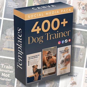 Könnte beinhalten: Eine marineblaue Box mit der Aufschrift "CANVA SOCIAL MEDIA PACK" und "400+ Dog Trainer" in goldfarbenen Buchstaben. Die Box zeigt Bilder von Hunden und Social-Media-Icons. Das Wort "Templates" steht vertikal auf der Seite.