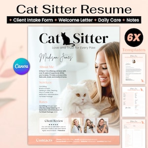 May include: A pink and white flyer with a cat sitter's resume. The flyer features a photo of a woman with a white cat. The text on the flyer reads "Cat Sitter Resume", "Love and Trust for Every Paw", "Madison Jones", "About Me", "Services", "Rates", "Client Review", and "Contacts".