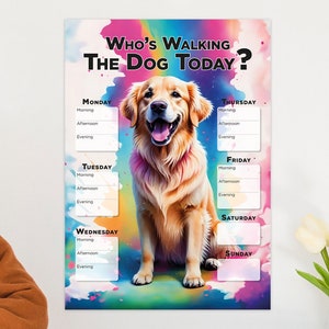 Peut inclure: Un emploi du temps de promenade pour chien avec le texte "Who's Walking The Dog Today ?". Il présente une illustration de golden retriever et des créneaux horaires quotidiens pour les promenades. Le fond a un effet aquarelle.