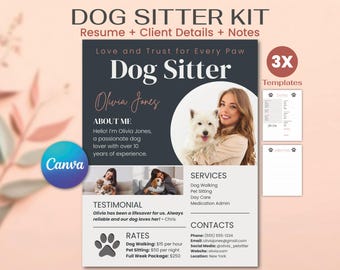 Szablon CV opiekuna psa: Zestaw profesjonalnych opiekunów zwierząt (Canva, edytowalny) + notatki + dane klienta