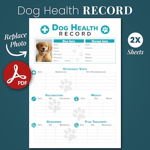 Dog Health Record editable PDF Digital and Printable vet schedule puppy Planner Sheet care Tracker vaccination veterinary medication Notes