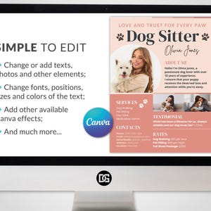 Simple to edit. Dog Sitter Resume flyer CANVA Template editable Professional Pet Care Services Brochure Profile custom Social Media Kit digital dog sitting