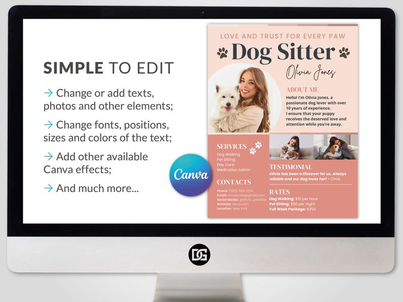 Simple to edit. Dog Sitter Resume flyer CANVA Template editable Professional Pet Care Services Brochure Profile custom Social Media Kit digital dog sitting