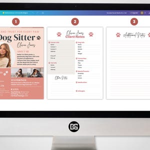 Three Pages templates: Flyer/Resume, Client Notes and Additional Notes. Dog Sitter Resume flyer CANVA Template editable Professional Pet Care Services Brochure Profile custom Social Media Kit digital dog sitting