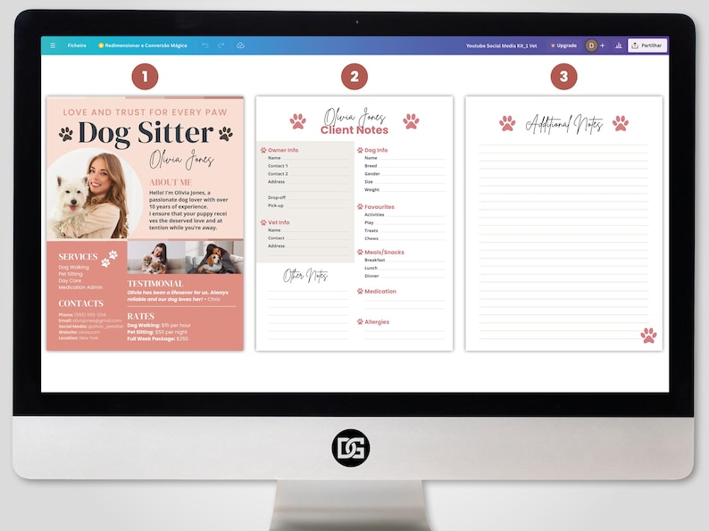Three Pages templates: Flyer/Resume, Client Notes and Additional Notes. Dog Sitter Resume flyer CANVA Template editable Professional Pet Care Services Brochure Profile custom Social Media Kit digital dog sitting