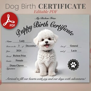 Bichon Frise Geburtsurkunde für Mädchen oder Jungen-Welpen Druckbare und digitale Verwendung Personalisierte niedliche bearbeitbare Bichon Frise Hunderegistrierung pdf