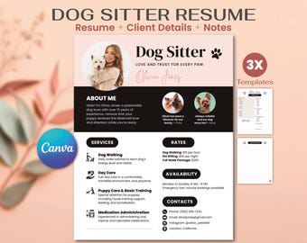 Szablon CV opiekuna psa Canva: profesjonalna opieka nad zwierzętami (list motywacyjny) + notatki + dane klienta
