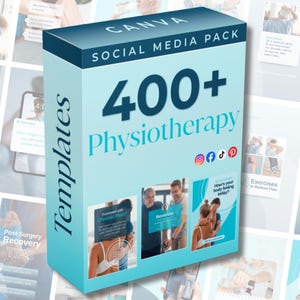May include: A light blue box labeled "CANVA SOCIAL MEDIA PACK" with "400+ Physiotherapy Templates." The box features images of people receiving physiotherapy and social media icons. The background shows related images.