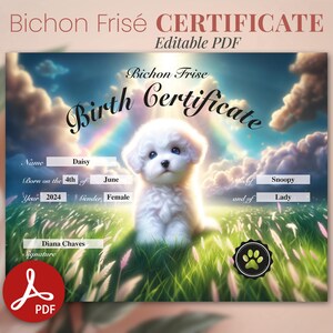 Bichon Frise Hund Geburtsurkunde Mädchen oder Junge Welpe Printable und digitale Verwendung Personalisiertes Geschenk niedlich bearbeitbare PDF-Vorlage Bichon-Registry