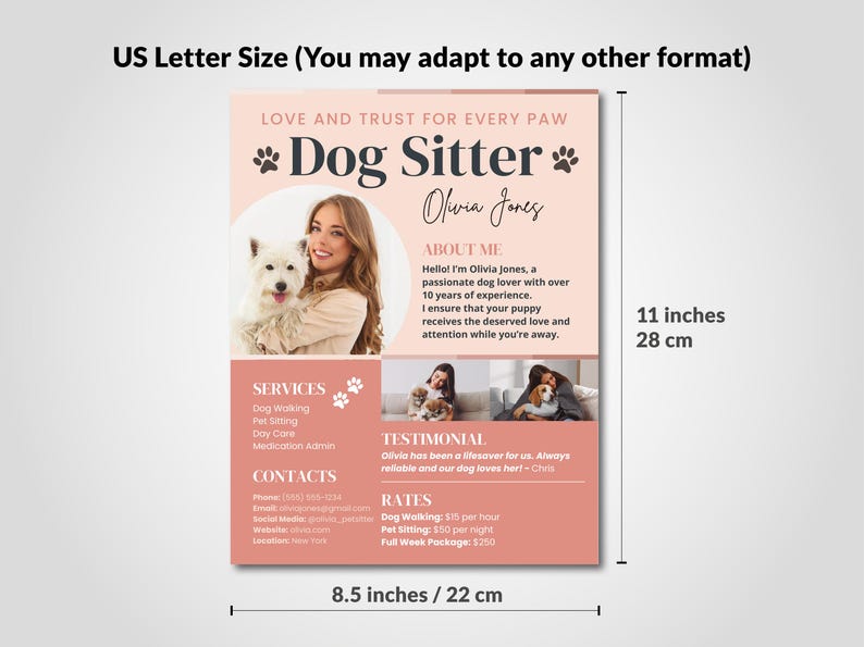 Size: Dog Sitter Resume flyer CANVA Template editable Professional Pet Care Services Brochure Profile custom Social Media Kit digital dog sitting