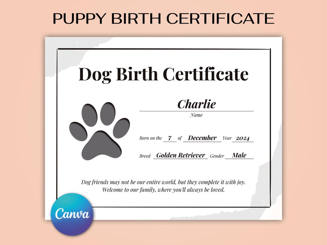 Editable Dog Birth Certificate Canva Template Puppy Birth Record ...