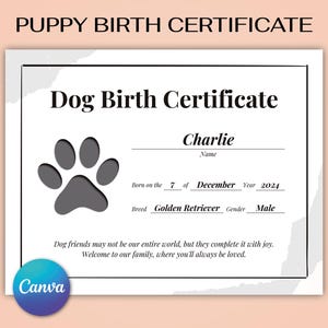 Bearbeitbare Geburtsurkunde für Hunde, Canva-Vorlage, Welpen-Geburtsdatensatz Anpassbare Canva Design US Letter Size Druckbarer Welpen-Geburtsdatensatz print