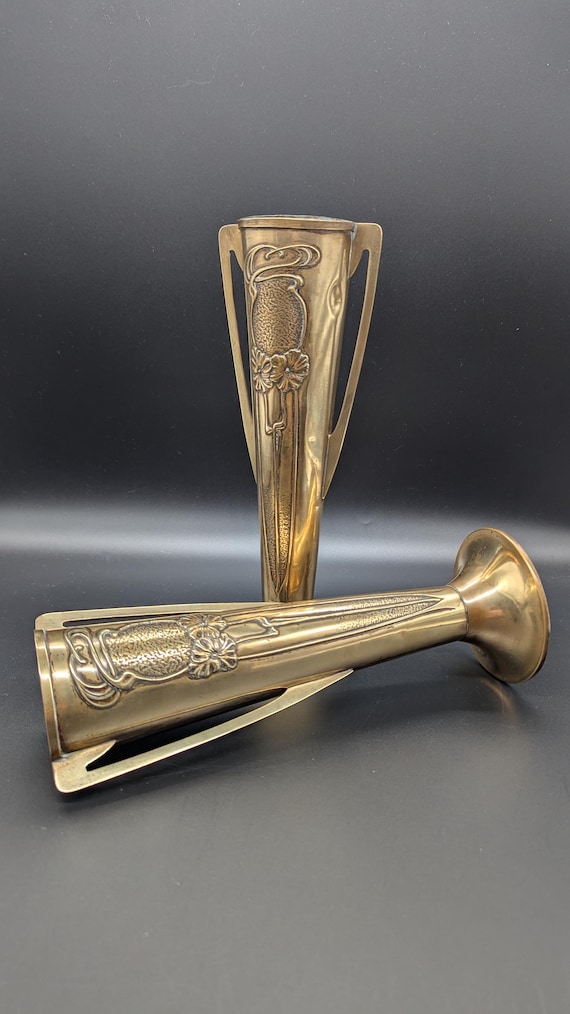 Art Nouveau Vases - Pair of English Arts & Crafts brass vases by Beldray