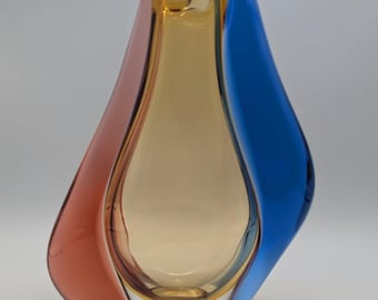 Große Romana Vase - Hana Machovská für Mstisov, 1960er Jahre - Blaues und bernsteinfarbenes tschechisches Kunstglas