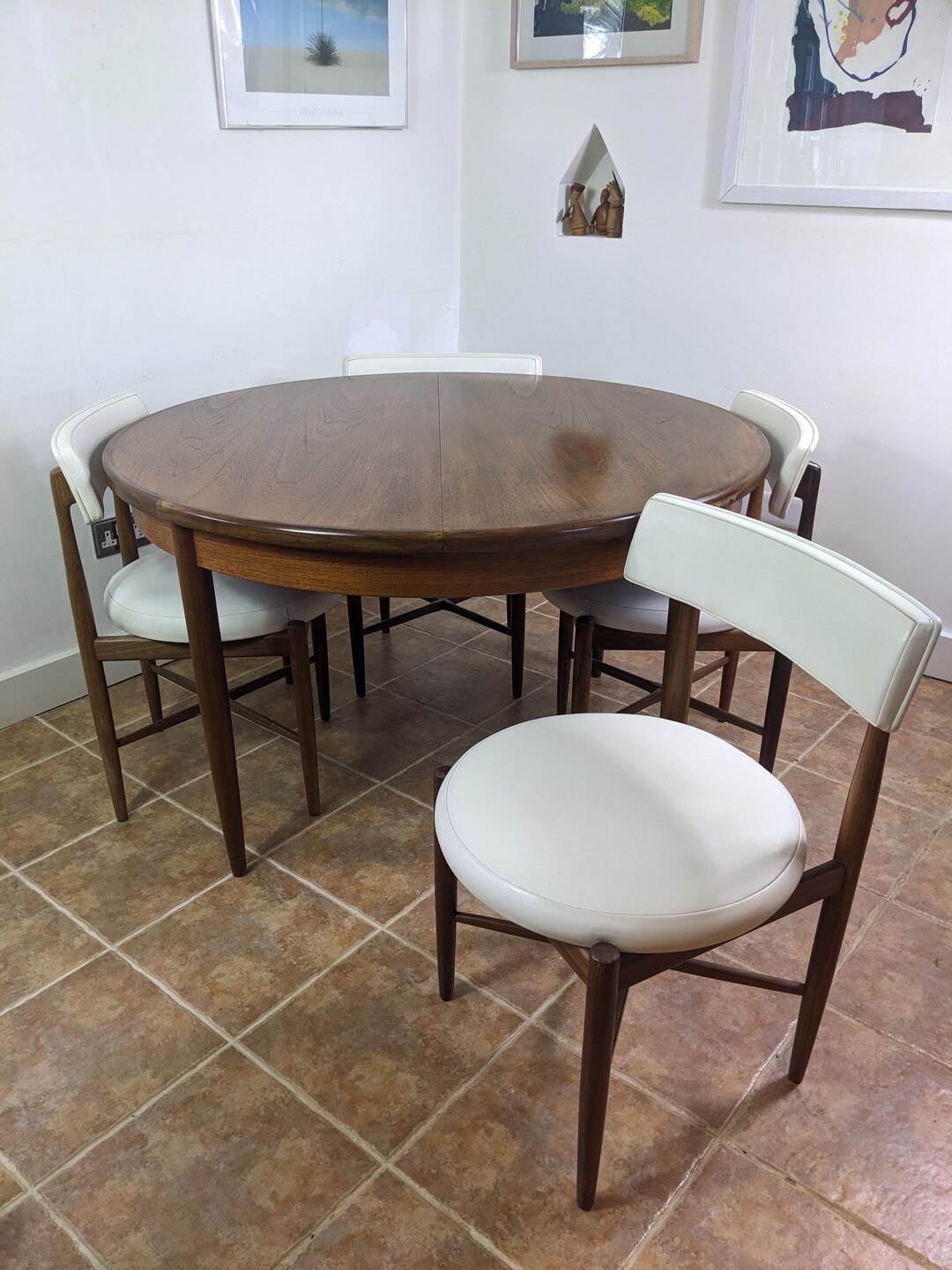 G Plan Fresco dining chairs (six) in rare, original, white vinyl. Midcentury modern vintage icons. Price per chair.