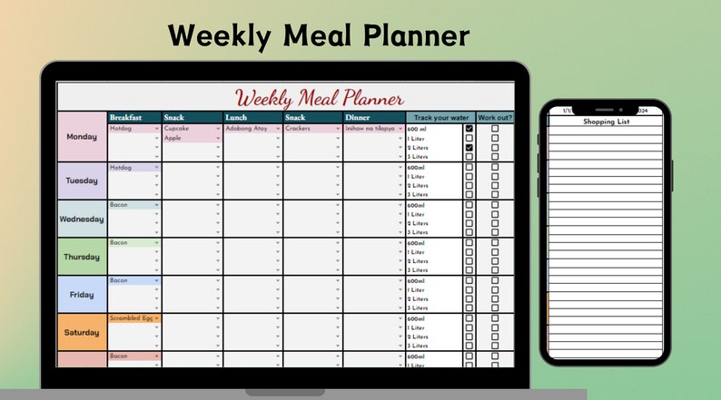 Weekly Meal Google Sheet, Breakfast Lunch Dinner Planner, Track Water ...