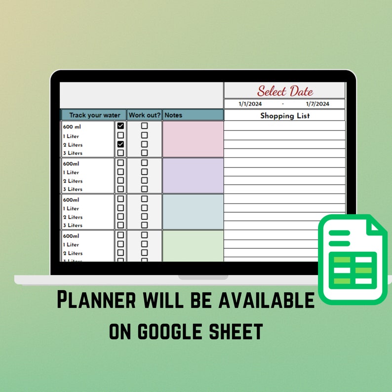 Weekly Meal Google Sheet, Breakfast Lunch Dinner Planner, Track Water