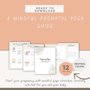 Puede incluir: Una guía de yoga prenatal imprimible con 12 posiciones para cada trimestre. La guía presenta una gama de colores neutros y un dibujo lineal simple de una mujer en una postura de yoga. El texto "Pregnancy Yoga for Each Trimester" aparece en la portada.