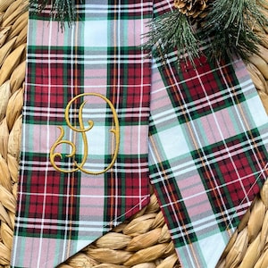 Christmas Plaid Wreath Sash, Gold Embroidered Monogrammed Wreath Sash