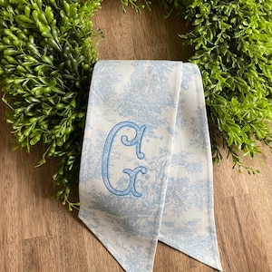 French Countryside Toile Embroidered Wreath Sash, Custom Monogram