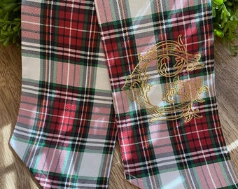 Christmas Plaid Wreath Sash, Gold Embroidered Monogram