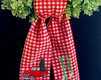 Monogrammed Christmas Wreath Sash, Embroidered Gingham Truck