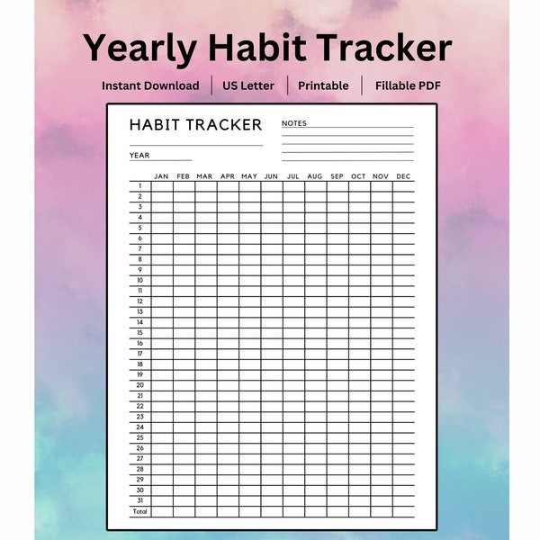 Yearly Habit Tracker | Routine Builder | Instant Download | Printable Habit Tracker PDF | Fillable PDF | Goodnotes