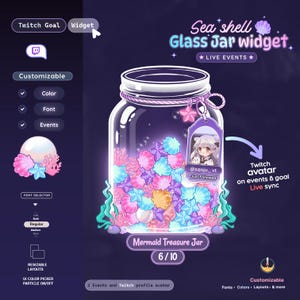 May include: A digital Twitch widget interface featuring a glass jar filled with colorful seashells, starfish, and pearls. The design includes a customizable tag with a character avatar, text reading Sea shell Glass Jar widget, and UI elements for font, color, and event settings.