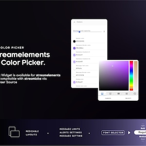 May include: A digital interface design for a UI color picker, with the text "Streamelements UI Color Picker." The design includes color swatches, a color palette, and options for resizing layouts and message settings. The text "Chat Widget is available for streamelements" is also visible.
