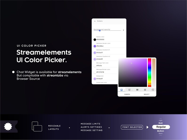 May include: A digital interface design for a UI color picker, with the text "Streamelements UI Color Picker." The design includes color swatches, a color palette, and options for resizing layouts and message settings. The text "Chat Widget is available for streamelements" is also visible.