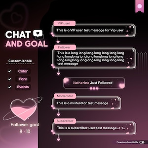 Könnte beinhalten: Eine rosa und schwarze Grafik mit dem Text "CHAT AND GOAL" und einem rosa Herz-Symbol. Die Grafik enthält auch anpassbare Optionen für Farbe, Schriftart und Ereignisse. Die Grafik enthält auch ein rosa Herz mit einer rosa Flüssigkeit darin und den Text "Follower-Ziel 8.10".