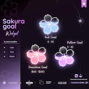 May include: A digital graphic with a dark purple background features a Sakura goal widget design. The design includes three glowing flower graphics labeled "Sub Goal", "Follow Goal", and "Donation Goal". The text is customizable.
