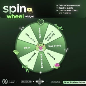 May include: A digital spin wheel widget featuring a green color palette with a central frog illustration holding a heart. The wheel segments contain text: Super Hype, Raid Time, Dab dance with frog, Sing a song, New Task, RIP for Kumi, New Mood, and Big W. The interface includes text for Twitch Chat command, React to Events, and customizable features.