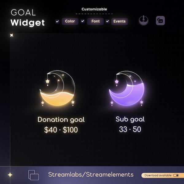 Goal Widget-Cute Moon Glass Goal Widget-Cute Minimal Customizable Goal Widget for Twitch Streamers -Streamelements StreamLabs OBS