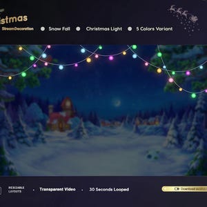 Op de afbeelding: Geanimeerde kerstscène met een besneeuwd bos en kleurrijke lichtslingers. De scène is perfect om een feestelijke touch aan je stream toe te voegen.
