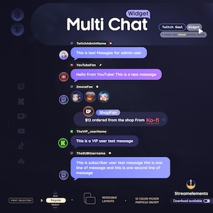 May include: A Multi Chat widget interface featuring a dark purple background with various chat bubbles displaying test messages from different users. The layout includes icons for Twitch, YouTube, and Ko-fi, along with font and layout settings.