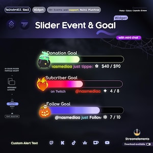 Puede incluir: Una interfaz digital para un widget de streaming con una pantalla de Slider Event & Goal. Incluye tres barras de progreso para objetivos de donación, suscripción y seguimiento, decoradas con un caldero, un corazón y una calabaza.