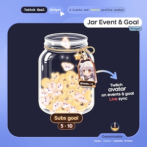 Può includere: Un widget digitale Twitch Jar Event & Goal con un barattolo di vetro pieno di lune crescenti gialle e nuvole bianche con faccine. Un'etichetta con un avatar di un personaggio pende dal collo del barattolo. Testo: Jar Event & Goal, Subs goal 5 10, Twitch avatar on events & goal Live sync.