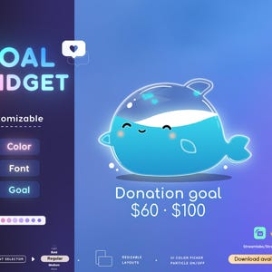 Whale Goal Widget | Cute Whale Goal Widget for Twitch Streamers | Fully Customizable | Streamelements Streamlabs OBS